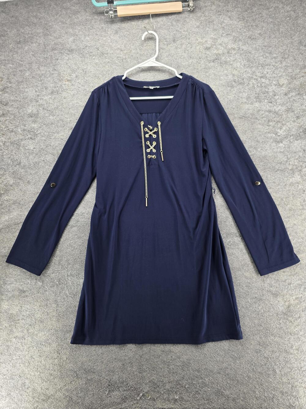 Spense Dress Womens 12 Blue Shift Short V-Neck Long Sleeve Tasseled Pullover
